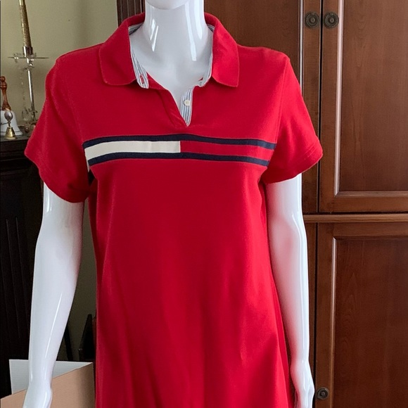 Tommy Hilfiger red cotton T-shirt dress at knee logo color blocks over chest - Picture 10 of 11